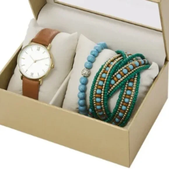 Folio Accessories Nwt Set Gold Watch Brown Vegan Leather Strap